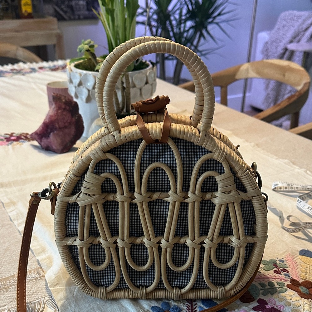 Anthropologie Woven Rattan Handbag with Faux Leather Strap and Clasp